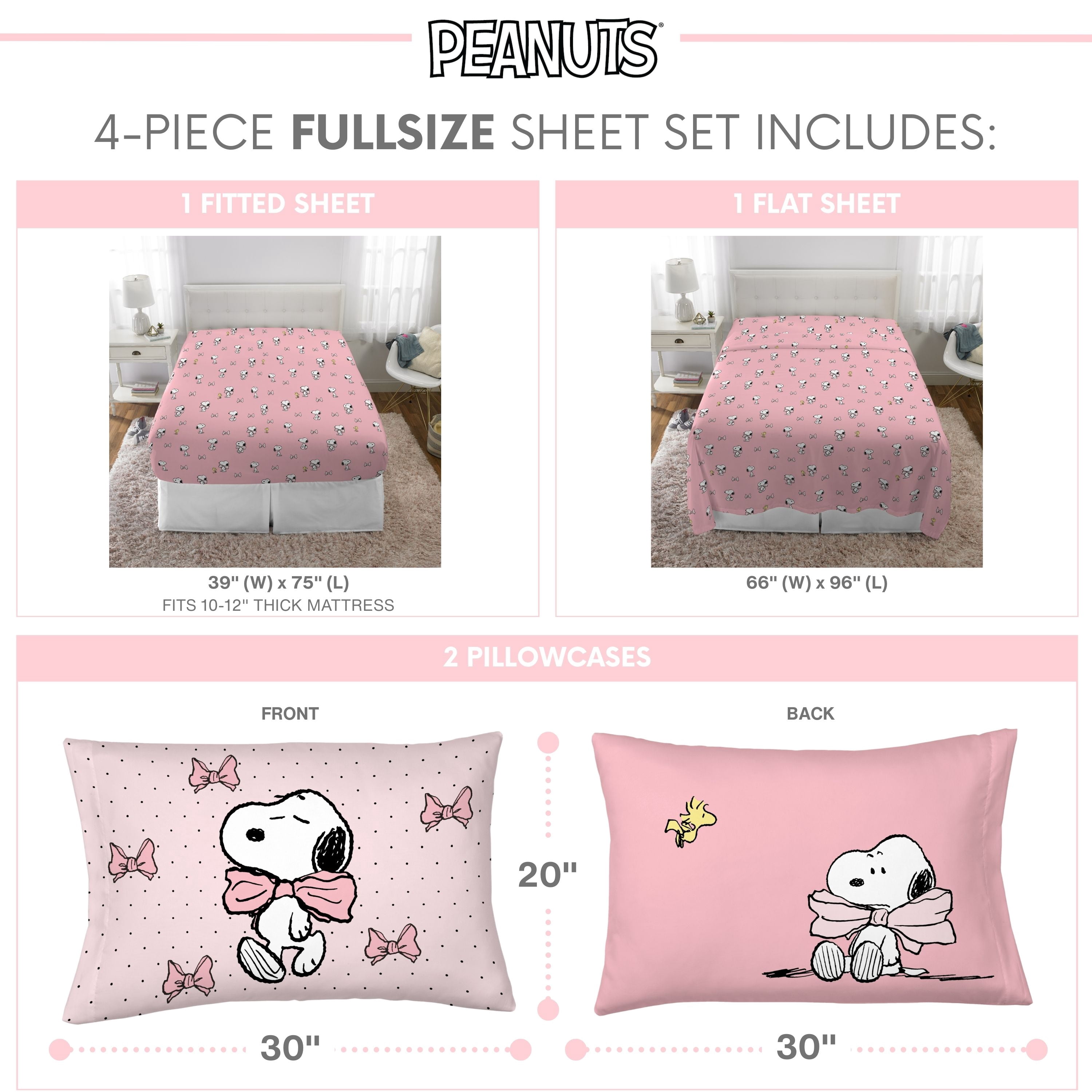 Peanuts Snoopy 4 Piece Pink Coquette Sheet Set, Full