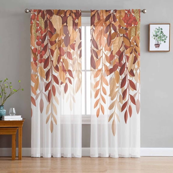 ERUNPONLY Burnt Orange Eucalyptus Leaves Sheer Curtains 84 Inch Length 2 Panels Set, Fall Botanical Leaf Voile Window Treatment Curtains Sheers Drapes for Bedroom/Living Room/Kitchen 52"x84"x2