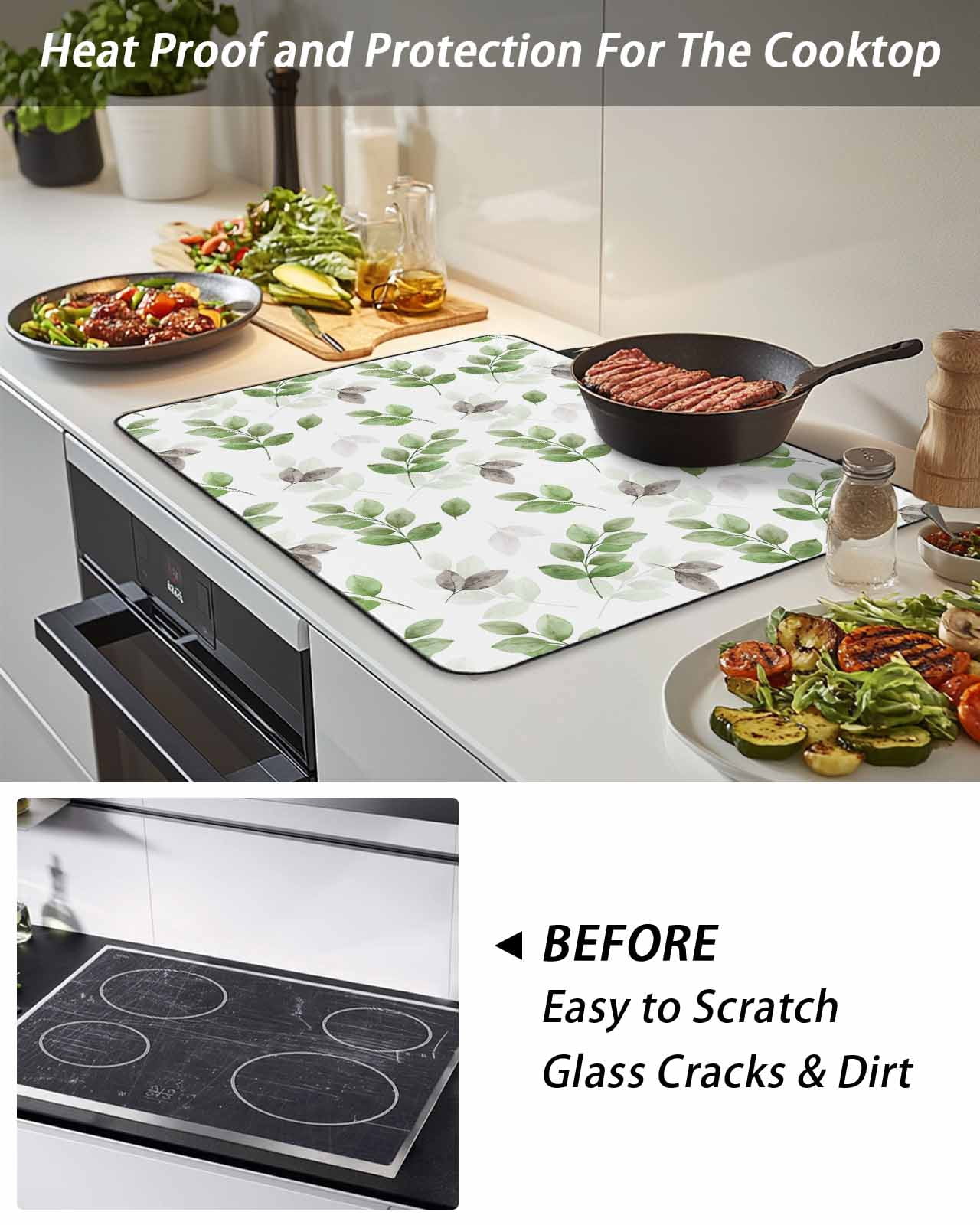 Stove Top Covers for Electric Stove, Green Botanical Fall Glass Stovetop Cover Protector, Pastoral Maple Leaf Autumn Induction Cooktop Protector Oven Mat for Kitchen Countertop 24"x21"