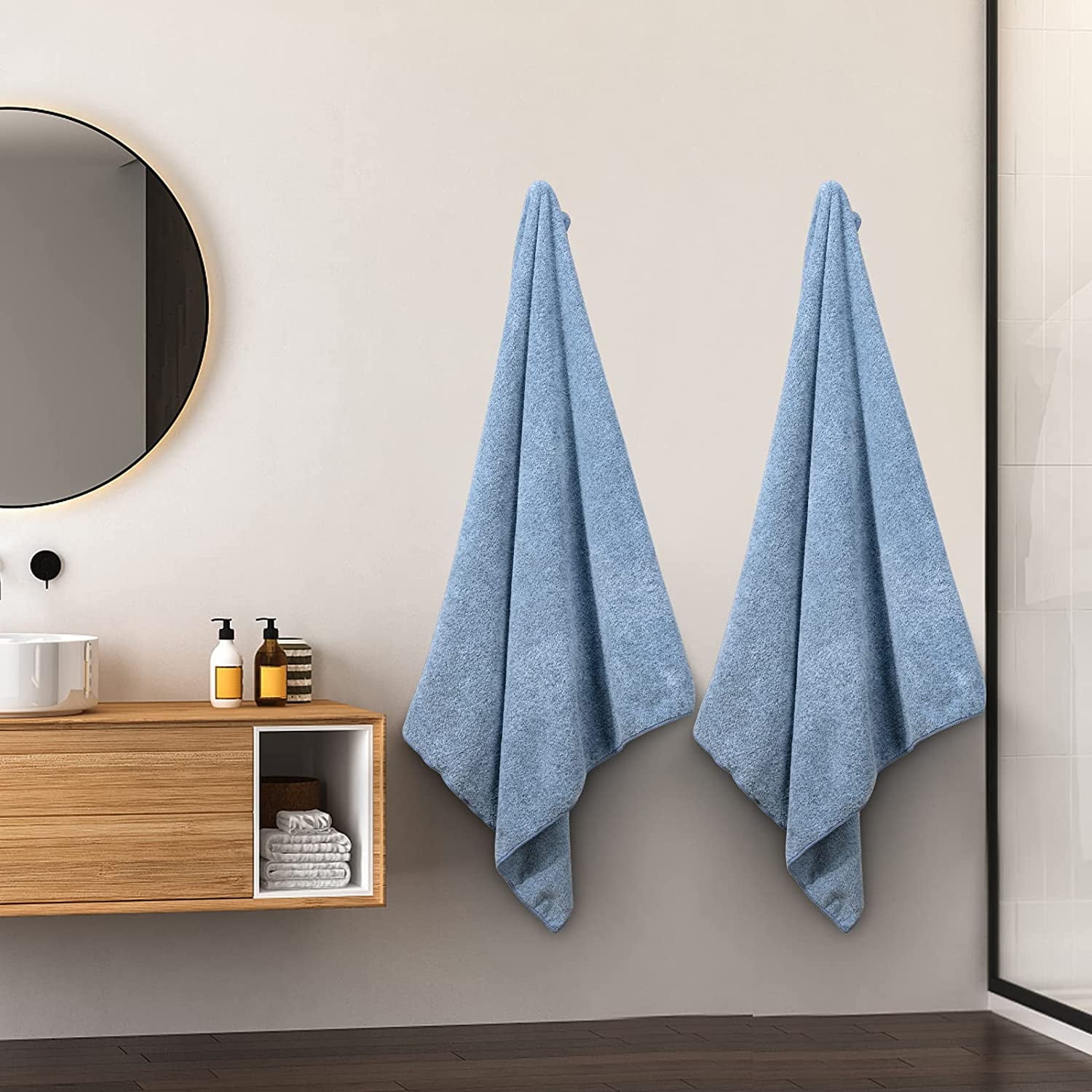 DEWEL Bath Towel, Large Bathroom Towels 35x63 in, Super Absorbent Quick Drying Towels for Bathroom, Beach, Gym, Pool, 2 Count Light Blue