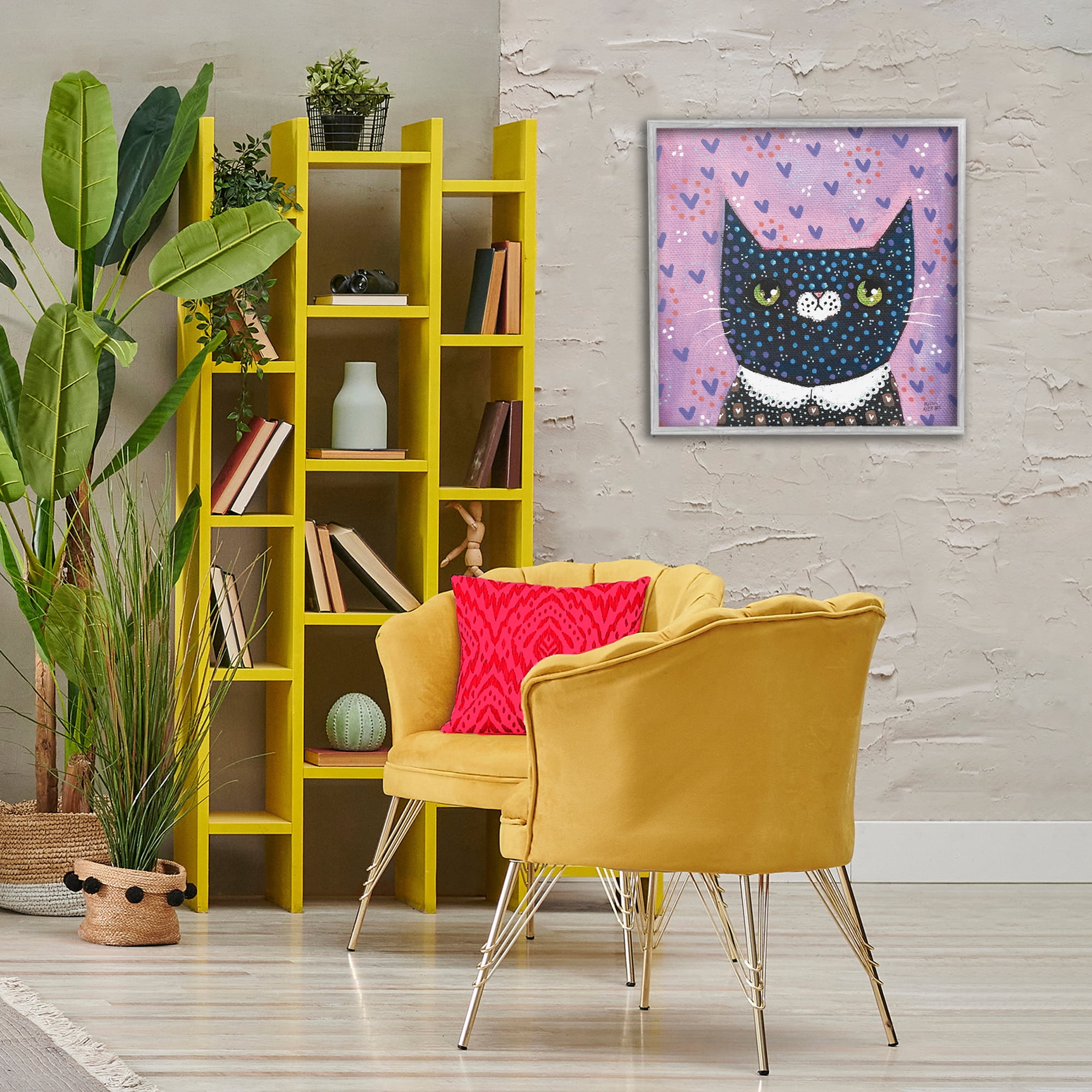 Stupell Industries Whimsical Patterned Cat Animals & Insects Painting Gray Framed Art Print Wall Art, 24 x 24