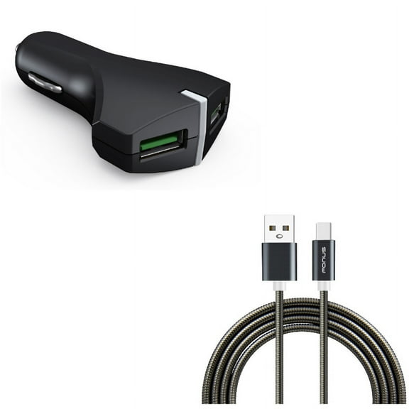 Type-C 3ft Metal USB Cable w 2-Port USB 36W Fast Car Charger X1X for LG V20, G6, V30 V50 ThinQ 5G, V40 ThinQ, V35 ThinQ, Q7 Plus, Google Nexus 5X, G8 ThinQ, G7 ThinQ, G Pad X II 10.1, Stylo 5
