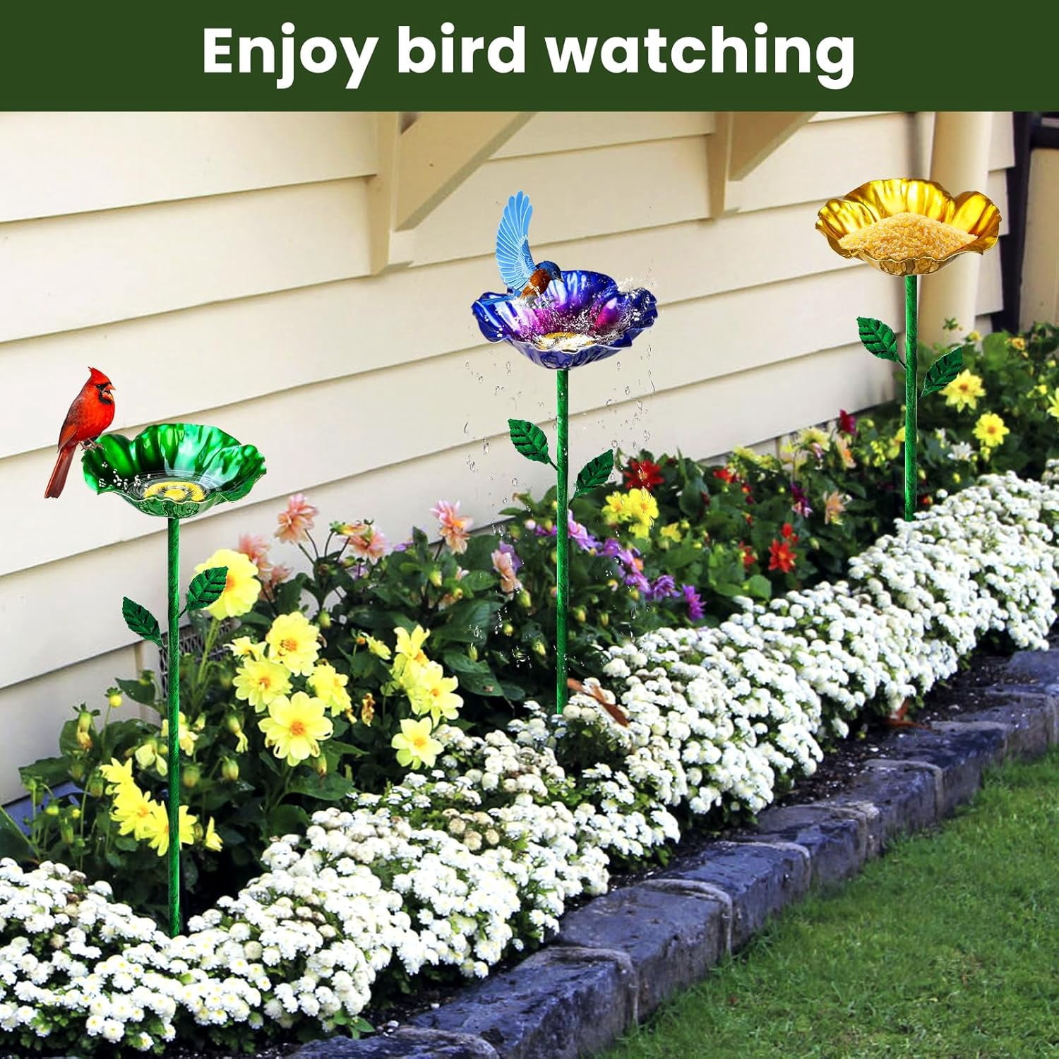 Metal Bird Baths for Outdoors, Garden Bird Bath & Bird Feeders with Metal Stake, Hummingbird Feeder for Outdoor Garden Yard Lawn Decor