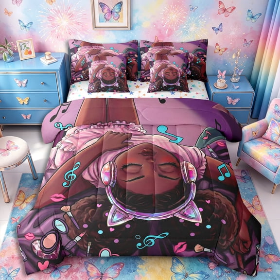 Castle Fairy Stylish Black Girl Twin Bedding 7-Piece,Music Makeup Print Bedding Comforter Set,Purple