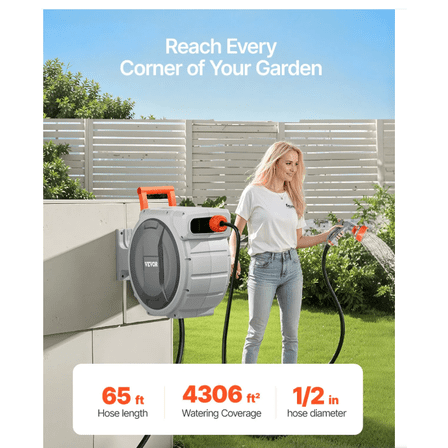65ft Retractable Hose Reel with 8-Function Nozzle, 1/2 Inch Automatic Rewind Wall Mount Water Hose Reel for Garden Yard