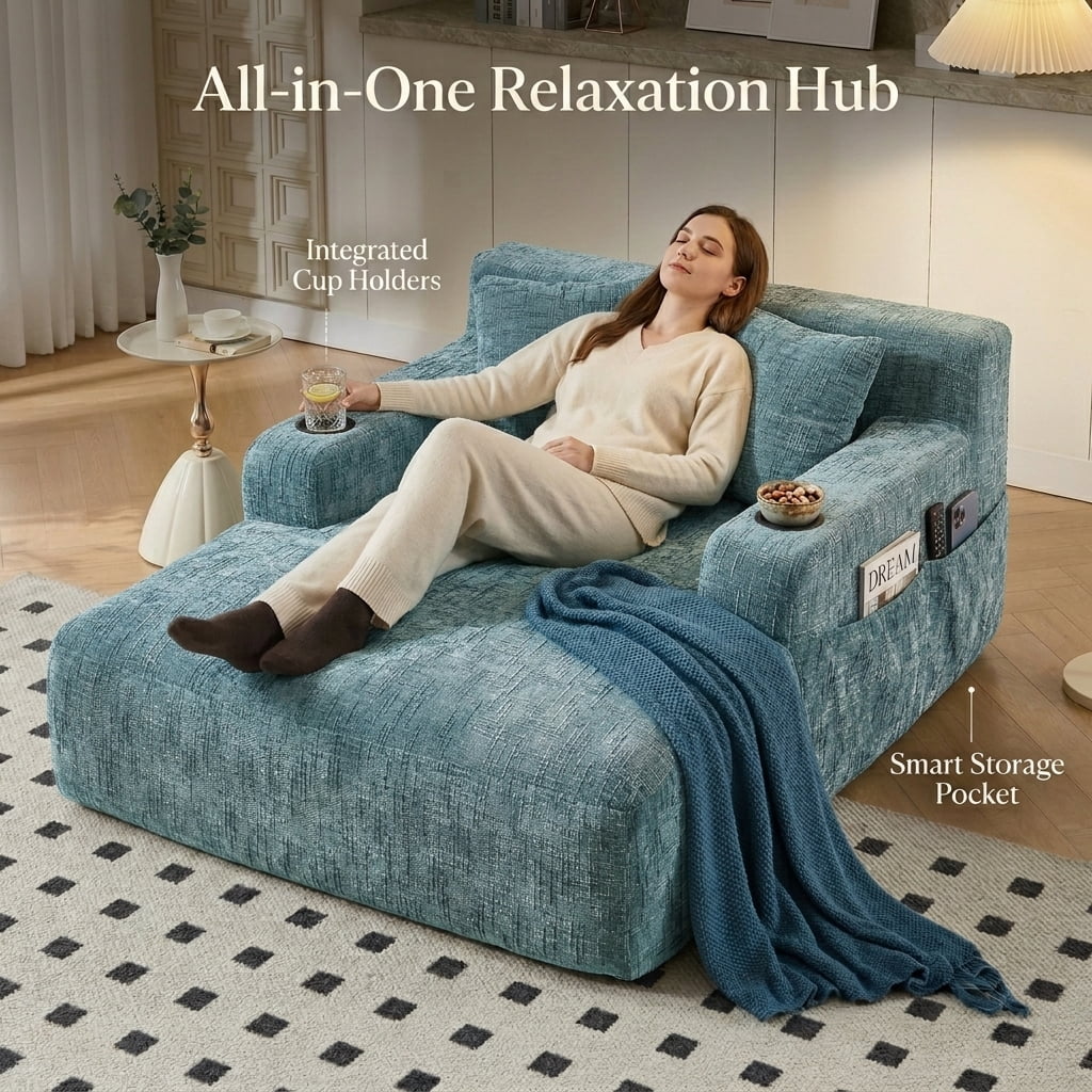MOONMISS Chenille Chaise Lounge Chair Indoor, Single Sleeper Sofa Chair with Pillows & Cup Holders, Comfy Compression Sofa Bed for Living Room, Bedroom