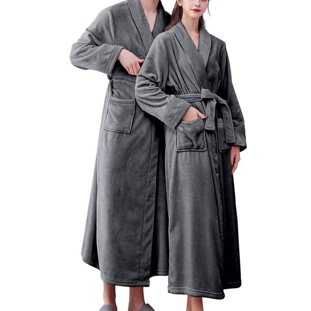 Batas Prolriy para mujer, bata de baño de franela con doble bolsillo para mujer, suave y cálida, de terciopelo de doble cara, pijamas y ropa de casa, bata de baño para mujer, bata gris 1 L
