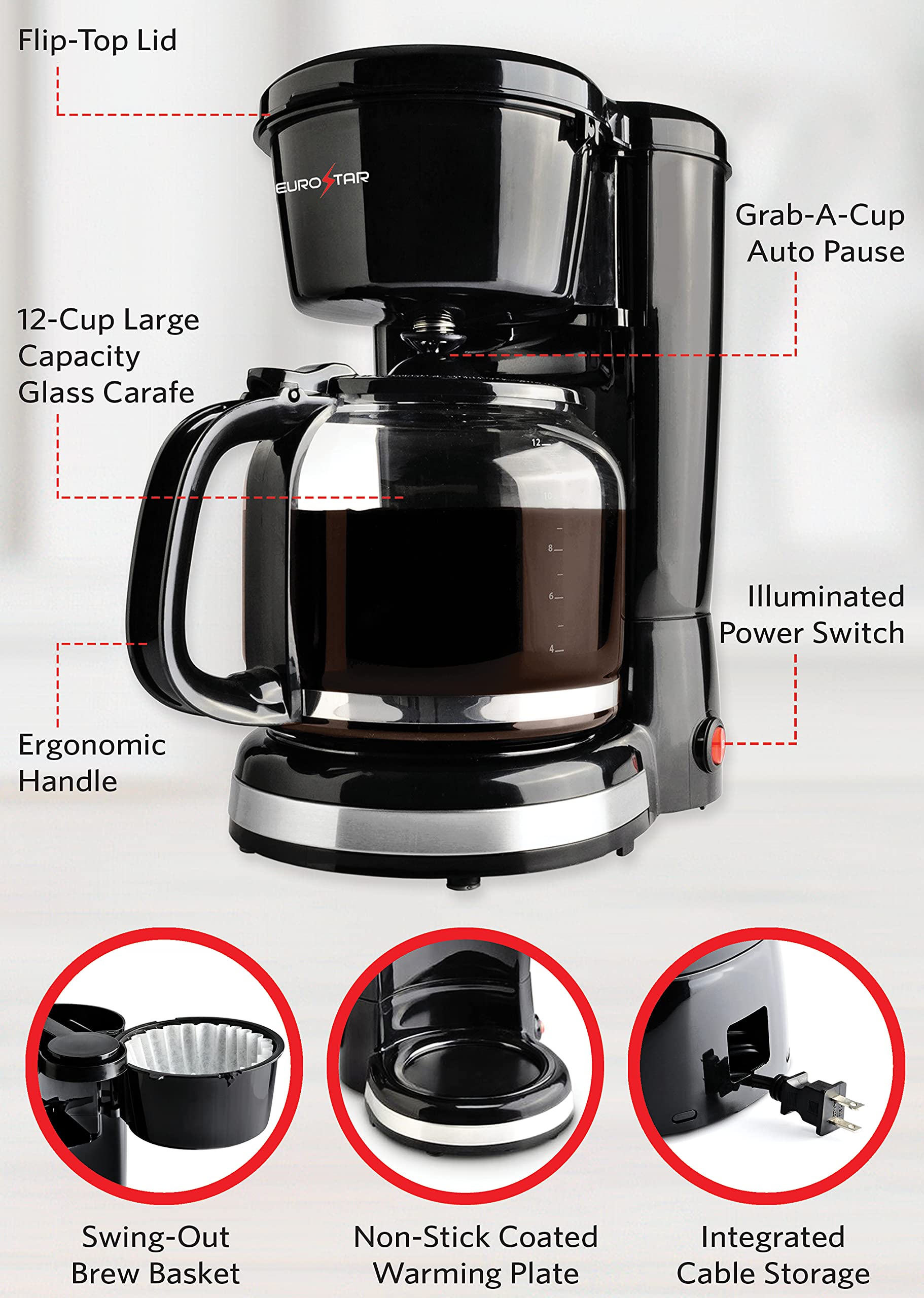 EUROSTAR ECM650B 12-Cup Coffee Maker, Black