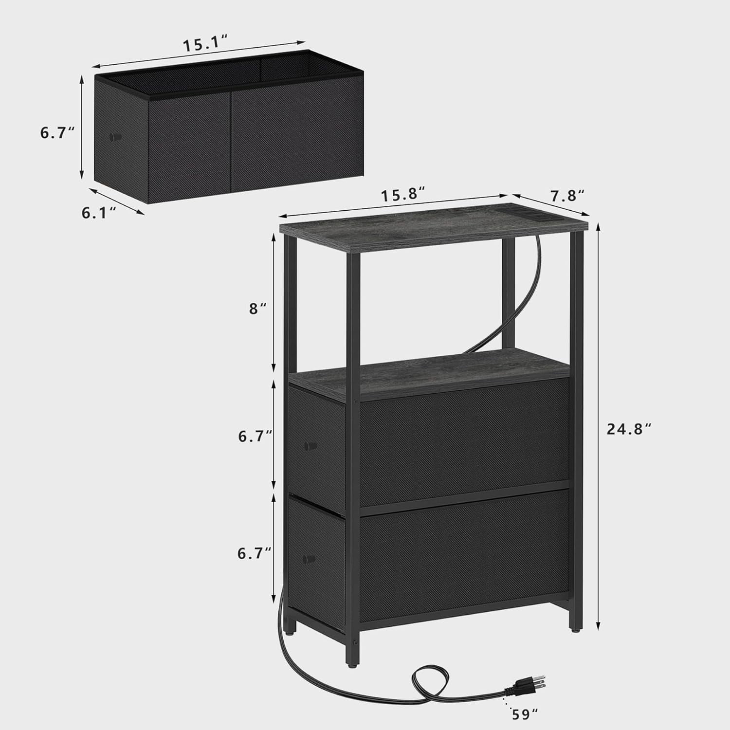 Small Narrow LED End Table with Charging Station, Side Table Outlets, Nightstand with 2 Cloth Drawers, Set of 2, Couch Table, for Living Room, Bedroom, Bedside, Charcoal Grey
