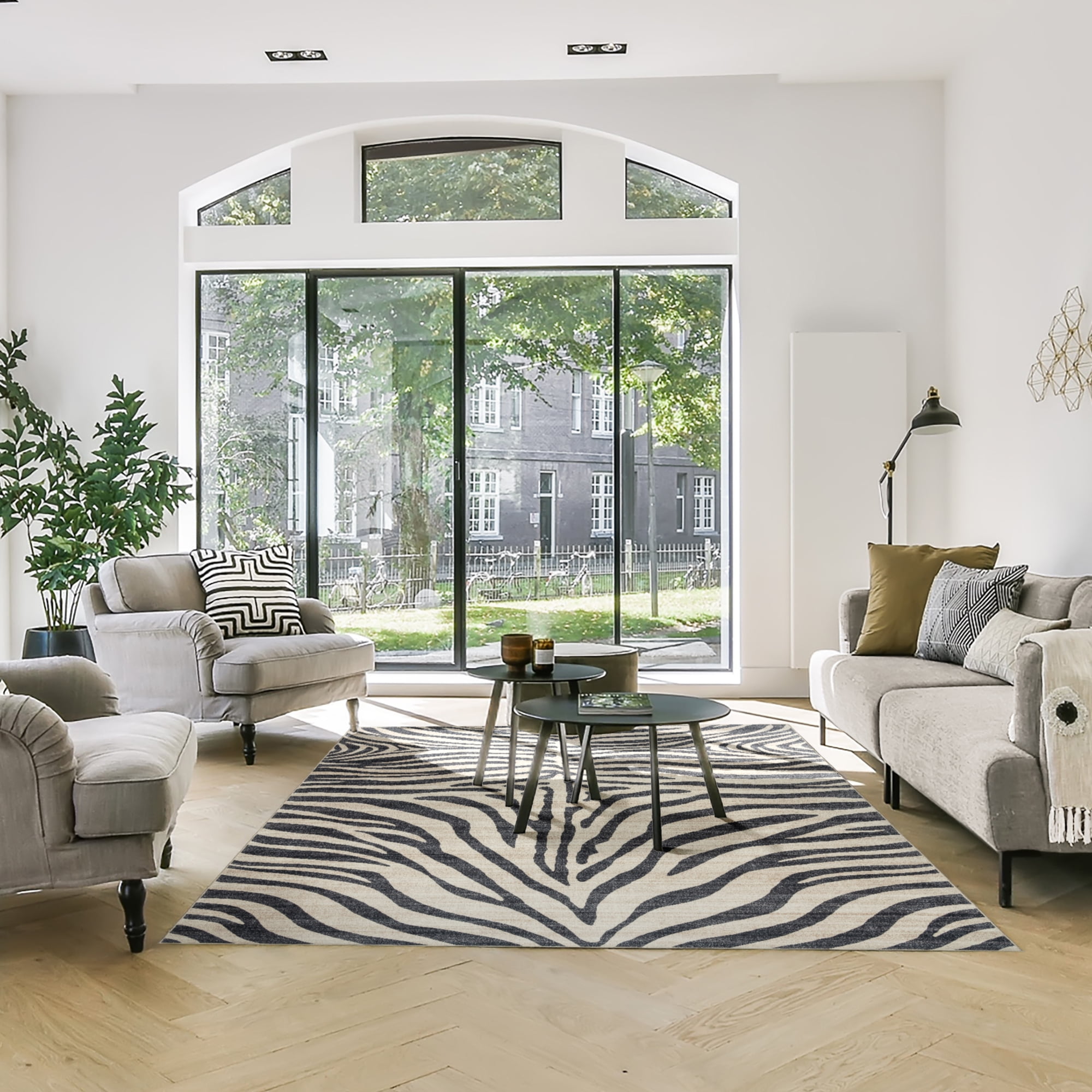 Crystal Print Zebra Modern Striped Black White Washable Indoor Area Rug, 3x5