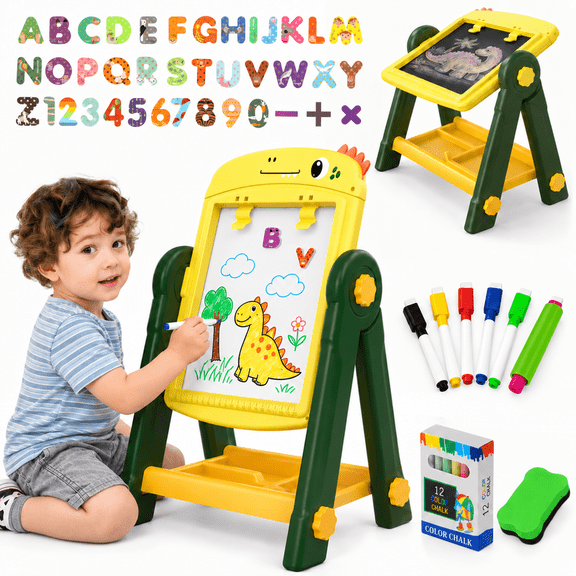UQN Easel for Kids, Kids Art Easel for Toddlers Age 2-4, Standing Double Sided Magnetic Drawing Board with Chalkboard Whiteboard, Birthday Gift for Boys Girls 2 3 4 5 Years Old