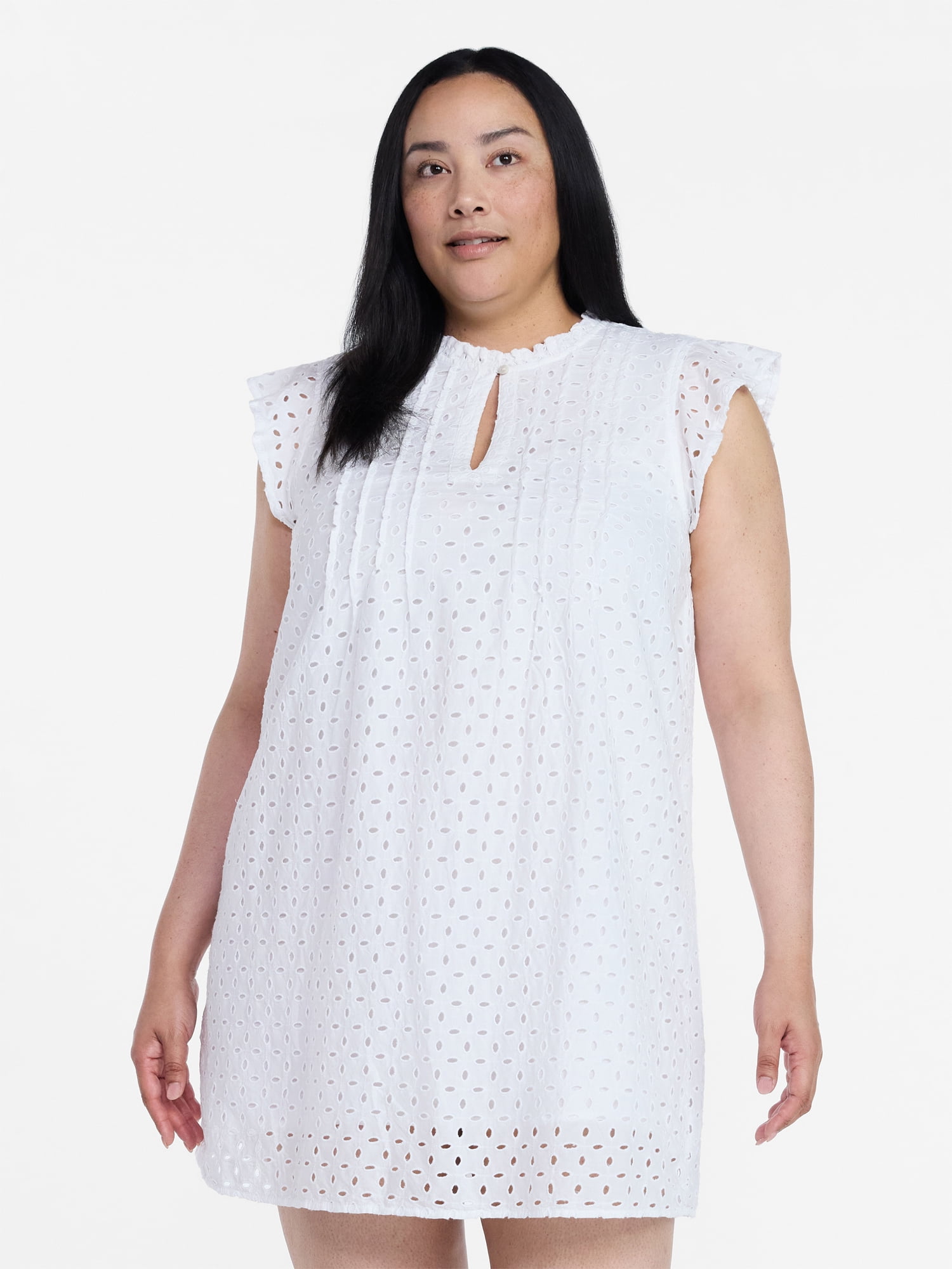 Time and Tru Women's Cotton Eyelet Mini Dress with Flutter Sleeves, Sizes XS-XXXL
