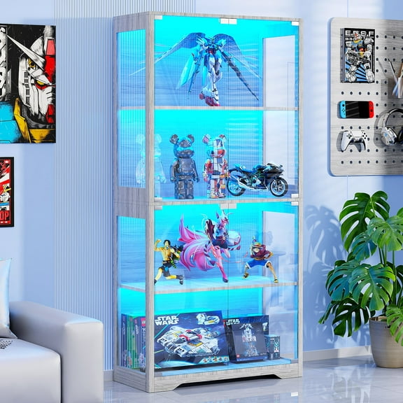 BROTTAR Display Cabinet with Glass Doors, 65" Storage Cabinet with LED, 4-Tier Curio Cabinet & Bookshelf, Collection Showcase for Home Office, Gray