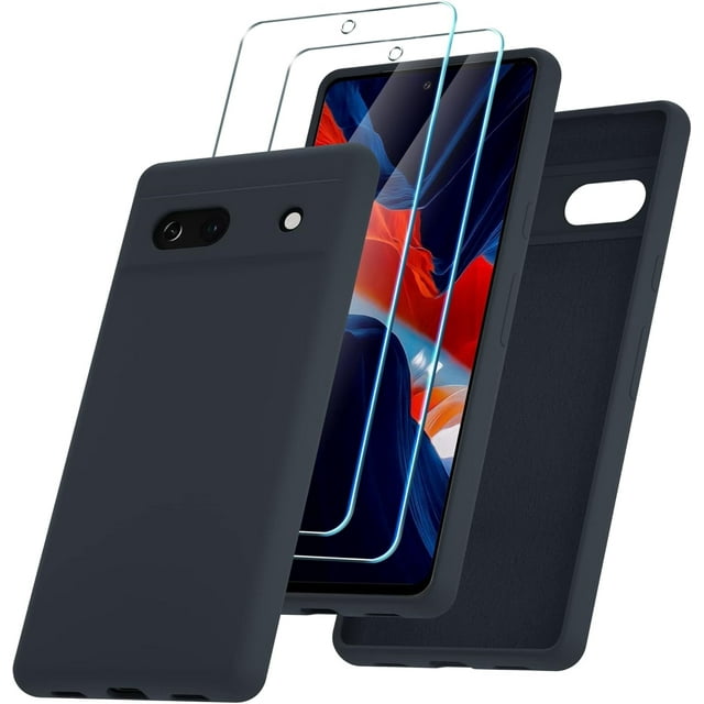 KOMI for Google Pixel 7a Case, Silicone Phone Case with 2 Screen Protector, Soft Anti-Scratch Microfiber Lining, Full Body Shockproof Slim Cover Support Wireless Charging, Grey