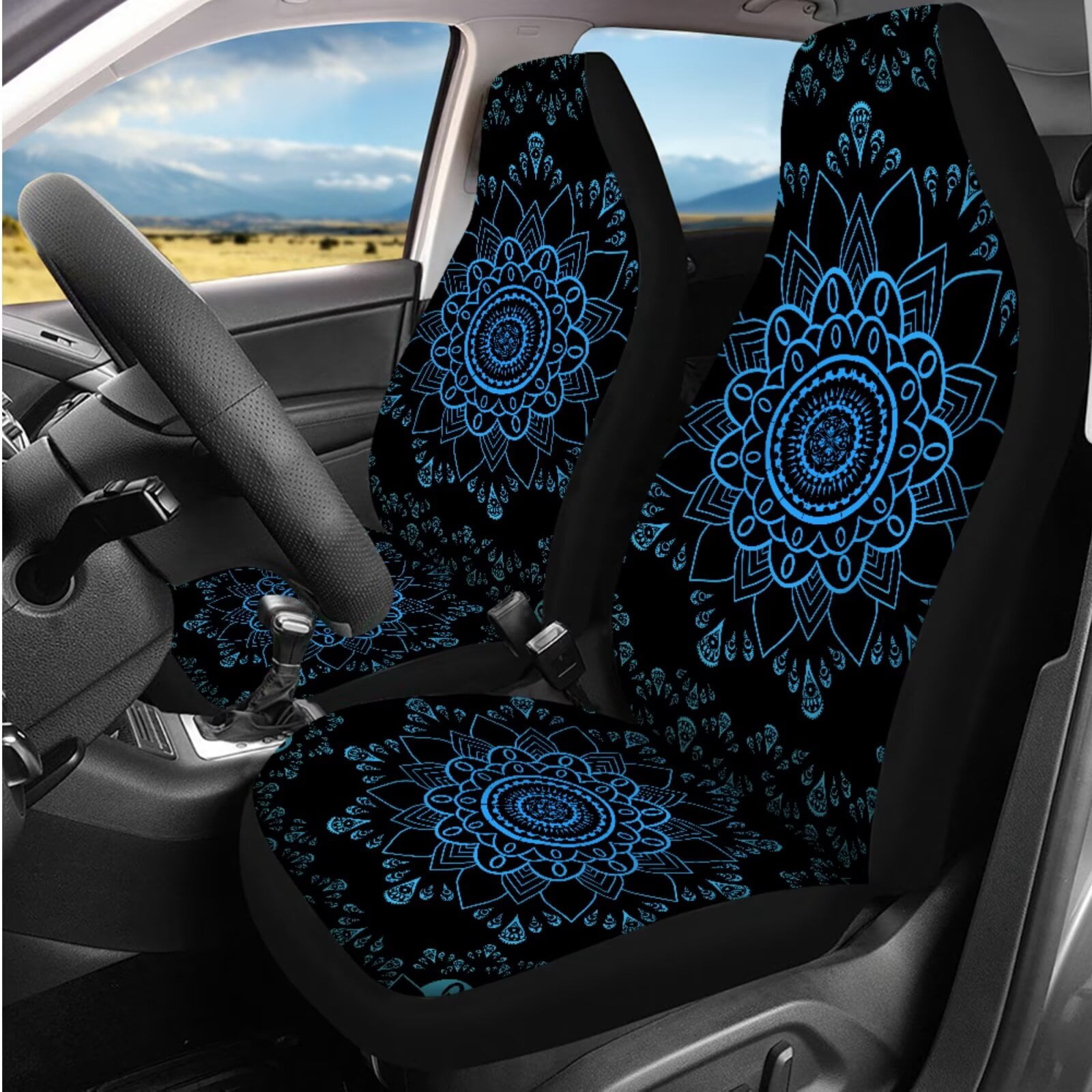 Garronmavis Blue Mandala 14 Pcs Car Seat Covers Set with Headrest Protector Car Steering Wheel Cover Auto Armrest Cover and Car Seat Belt Covers Easy to Install Universal Cars SUV Accessories