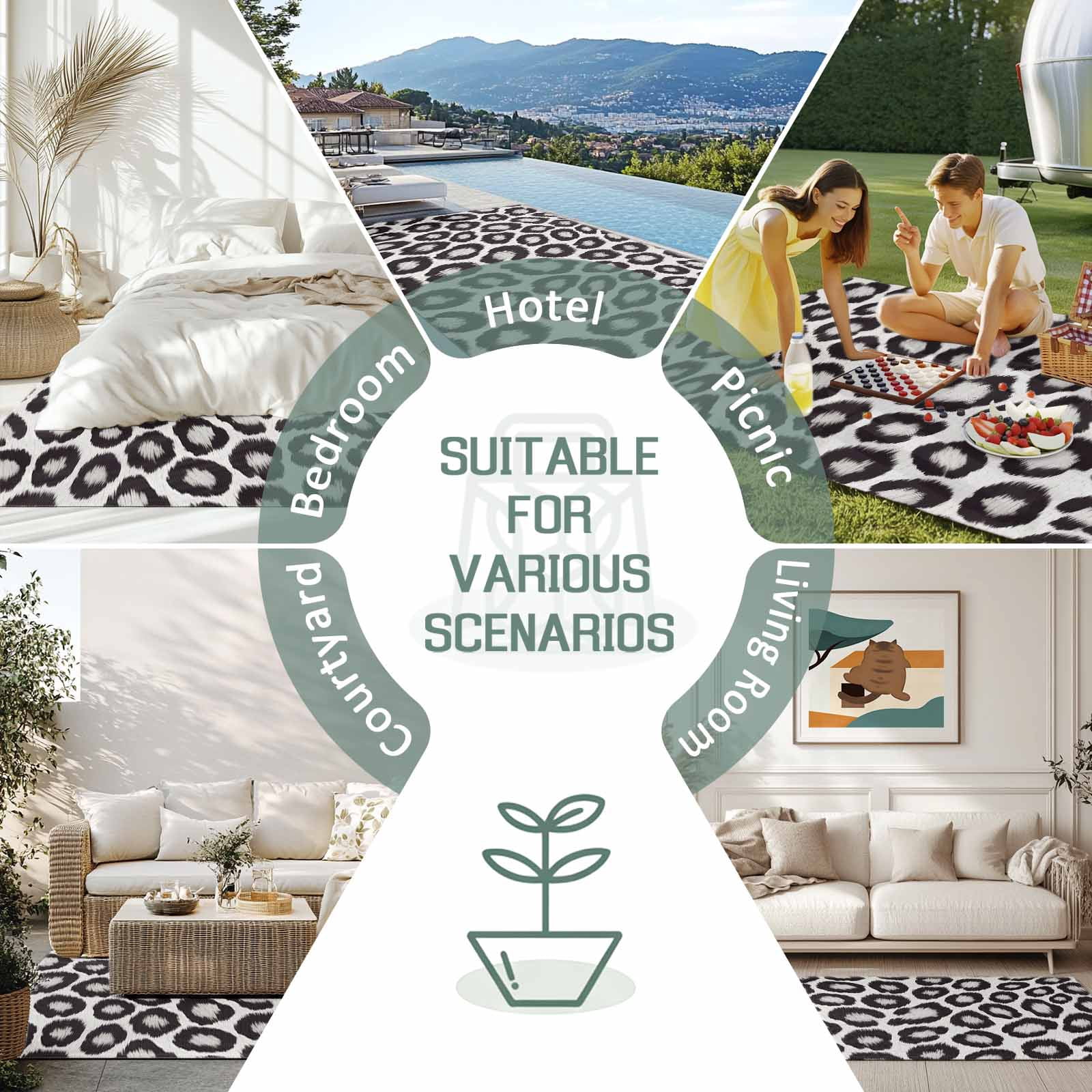 Leopard Printed Outdoor Rug for Patio/Deck/Porch, Non-Slip Large Area Rug 4 x 6 Ft, Farmhouse Vintage Animals Black Grey Indoor Outdoor Rugs Washable Area Rugs, Reversible Camping Rug Carpet Runner