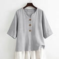 thumbnail image 5 of OIOLOYJM 3/4 Length Sleeve Womens Tops V Neck Cotton Linen 3 Button T Shirts Spring Summer Beach Casual Boho Vacation Tops Light Gray L, 5 of 6