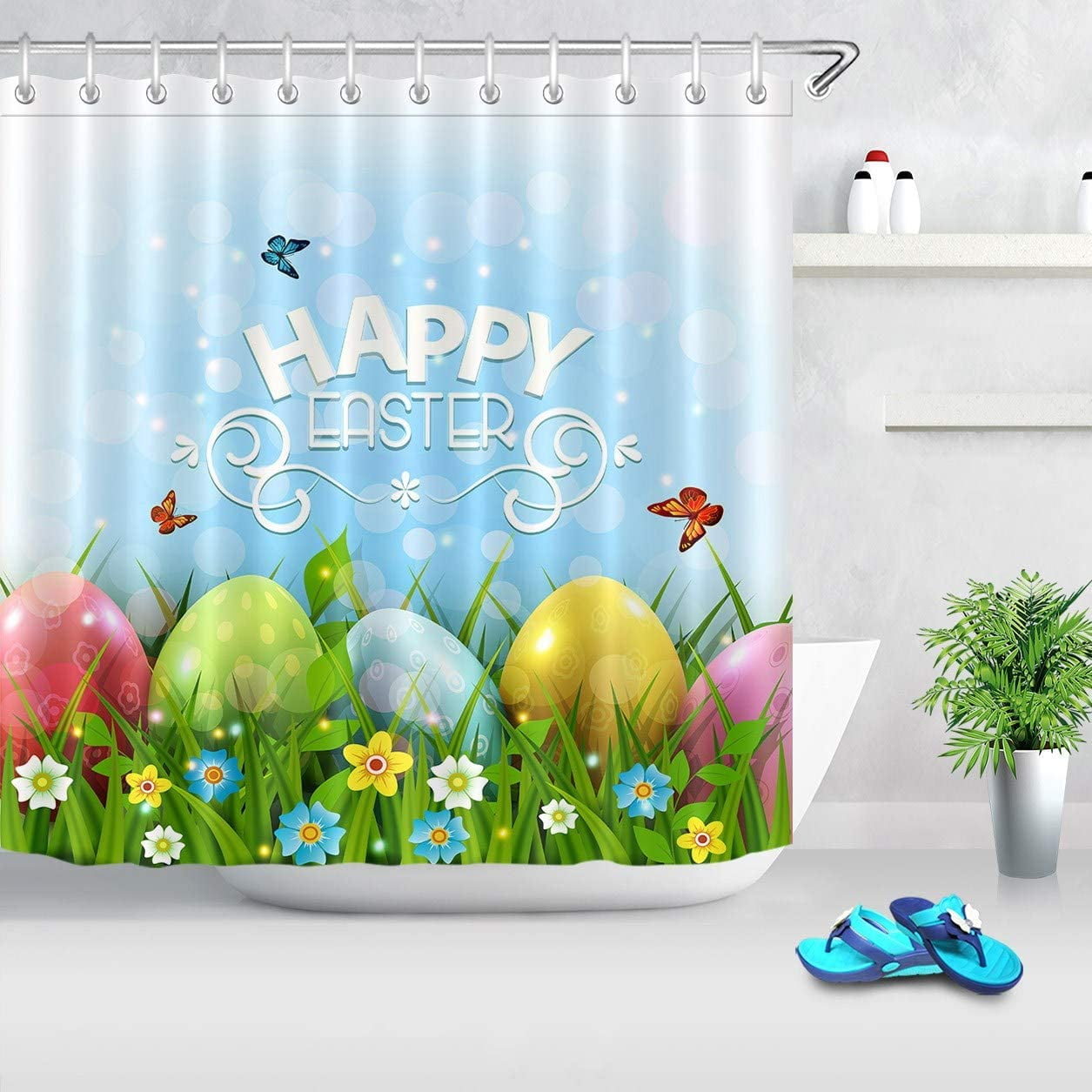 Colorful Eggs Rustic Wood Board Happy Easter Polyester Fabric Shower Curtain Set 
