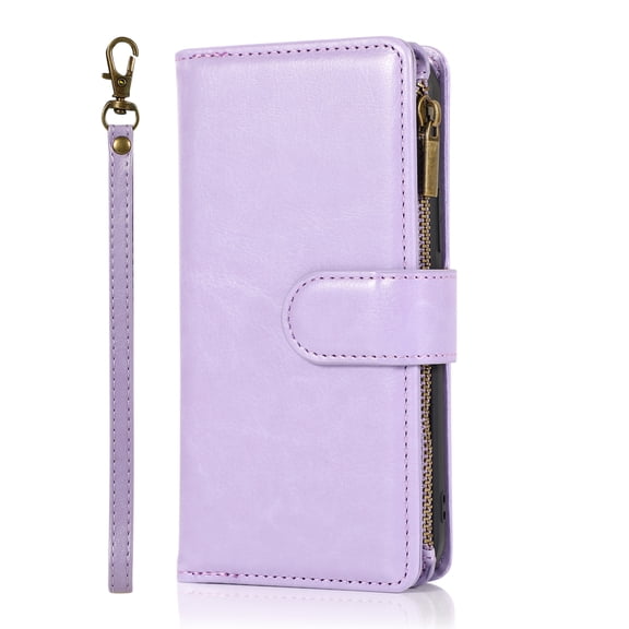 For iPhone 12 & iPhone 12 Pro (Open Camera Hole) Luxury Wallet Card ID Zipper Money Holder Case Cover - Lavender