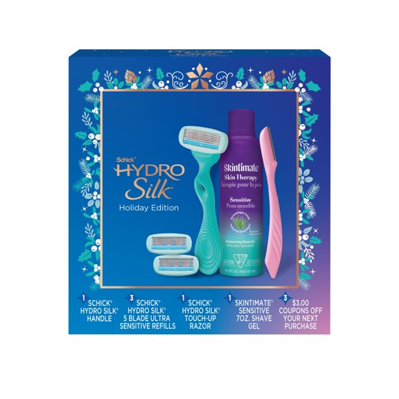 Schick Hydro Silk Holiday Gift Set For Women, Womens Razor, Refills, Dermaplane Razor & Shave Gel