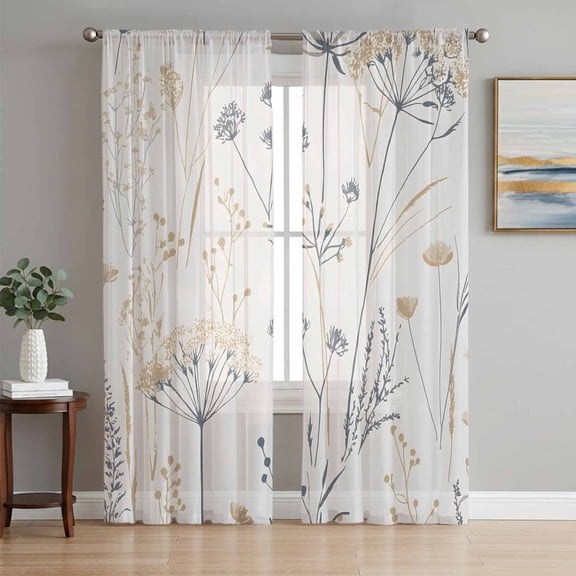 Retro Floral Botanical Sheer Curtains 72 Inch Length 2 Panels Set, Watercolor Flowers Rustic Voile Window Treatment Rod Pocket Curtains Sheers Drapes for Bedroom/Living Room/Kitchen 52"x72"x2