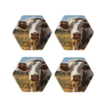 

Matuu Countryside Flower Cow for Cup Coasters Set of 4 Leather Coasters Desk Coasters for Office Measures 4” x 4”-Hexagon