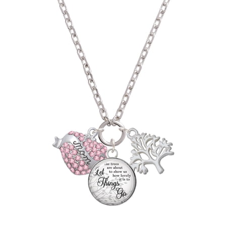 Delight Jewelry Silvertone Mom Banner on Pink Crystal Heart Let Things Go Fall Zoey Charm Necklace, 28"