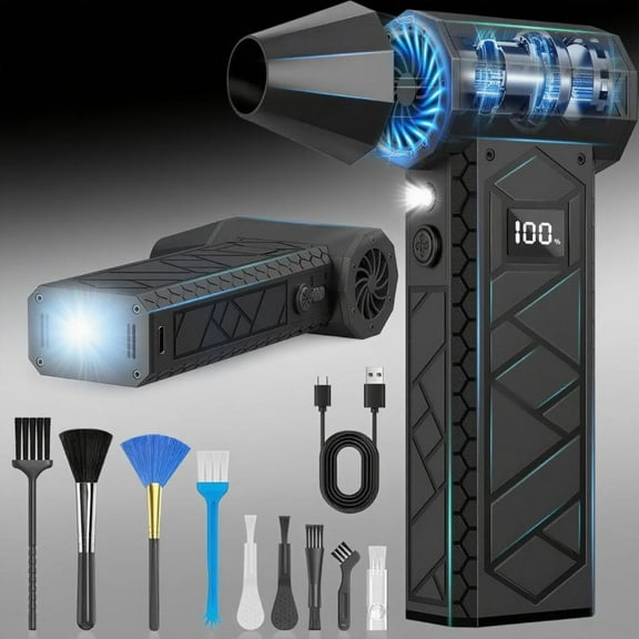 Electric Air Duster with LCD Screen & Flashlight, 180000RPM Turbo Compressed Air Blower, 10000mAh Battery, 4 Gear Wind, High-Speed Jet Fan with Assist Lighting - Black
