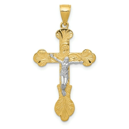 14k Yellow Gold Two Tone Swirl Design Budded Crucifix Cross Religious Pendant Charm Necklace