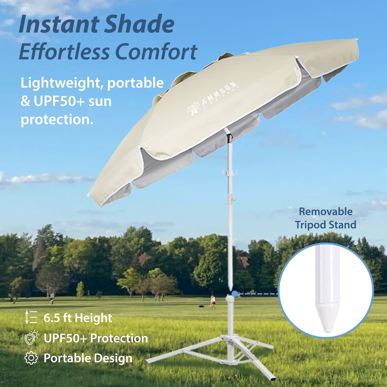 AMMSUN 6.5ft Lightweight Sports Beach Umbrella Portable Shade with Stand for Outdoor Games,Beige