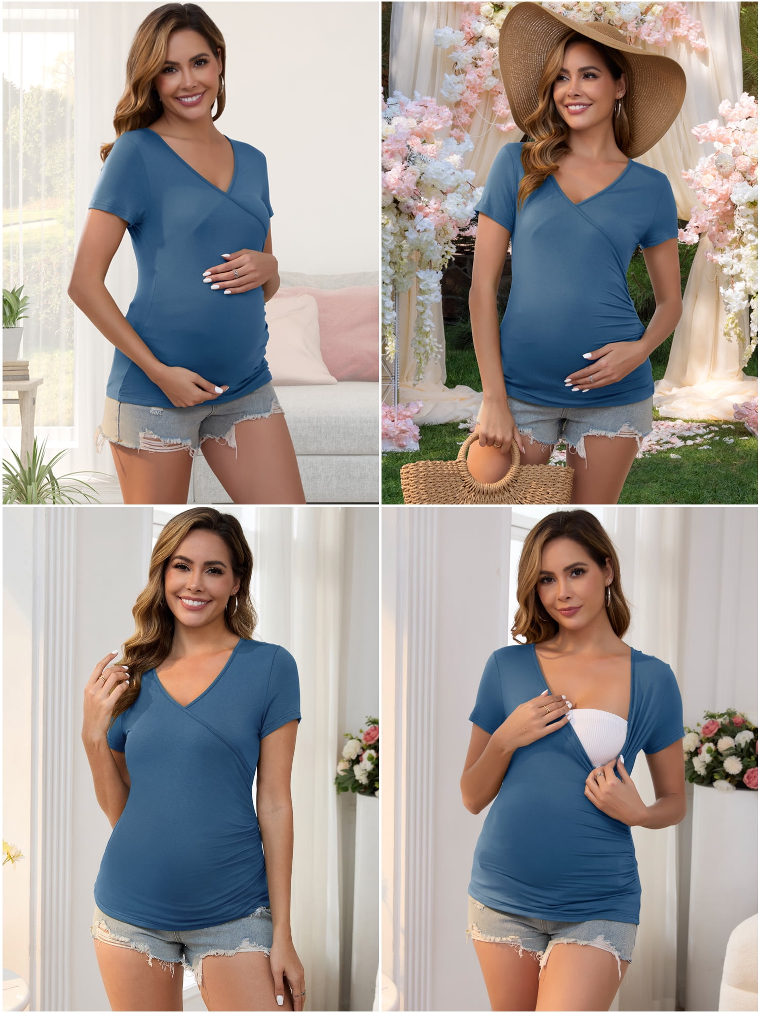 DARING DIVA Women's 2 Packs Ruched V Neck Maternity Nursing Blouse XL Black&Blue
