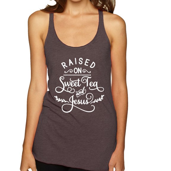 Wild Bobby Raised on Sweet Tea and Jesus Inspirational/Christian Women Tri-Blend Racerback Tank Top, Brown, Small