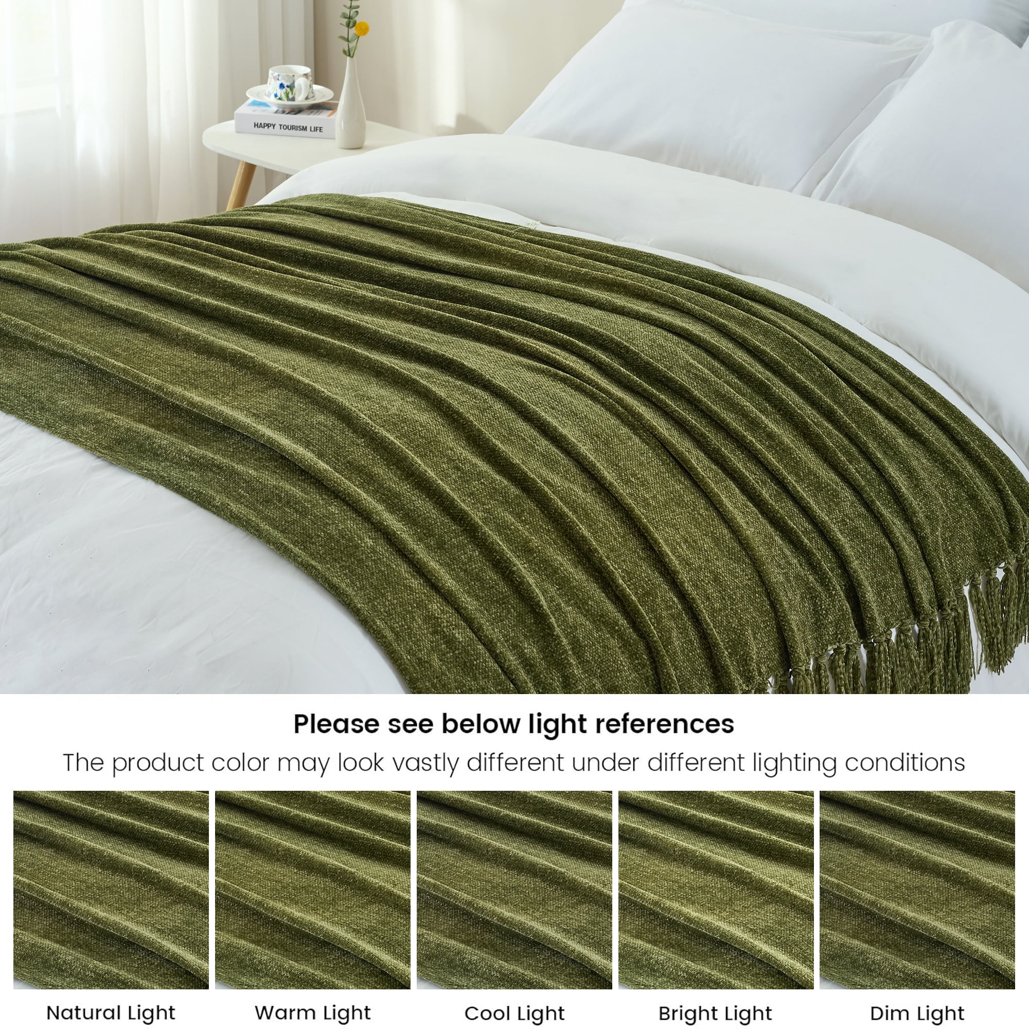 LONG CREATE Chenille Throw Blanket with Fringe Tassel for Couch Sofa Chair Bed, Olive Green 50" x 60"
