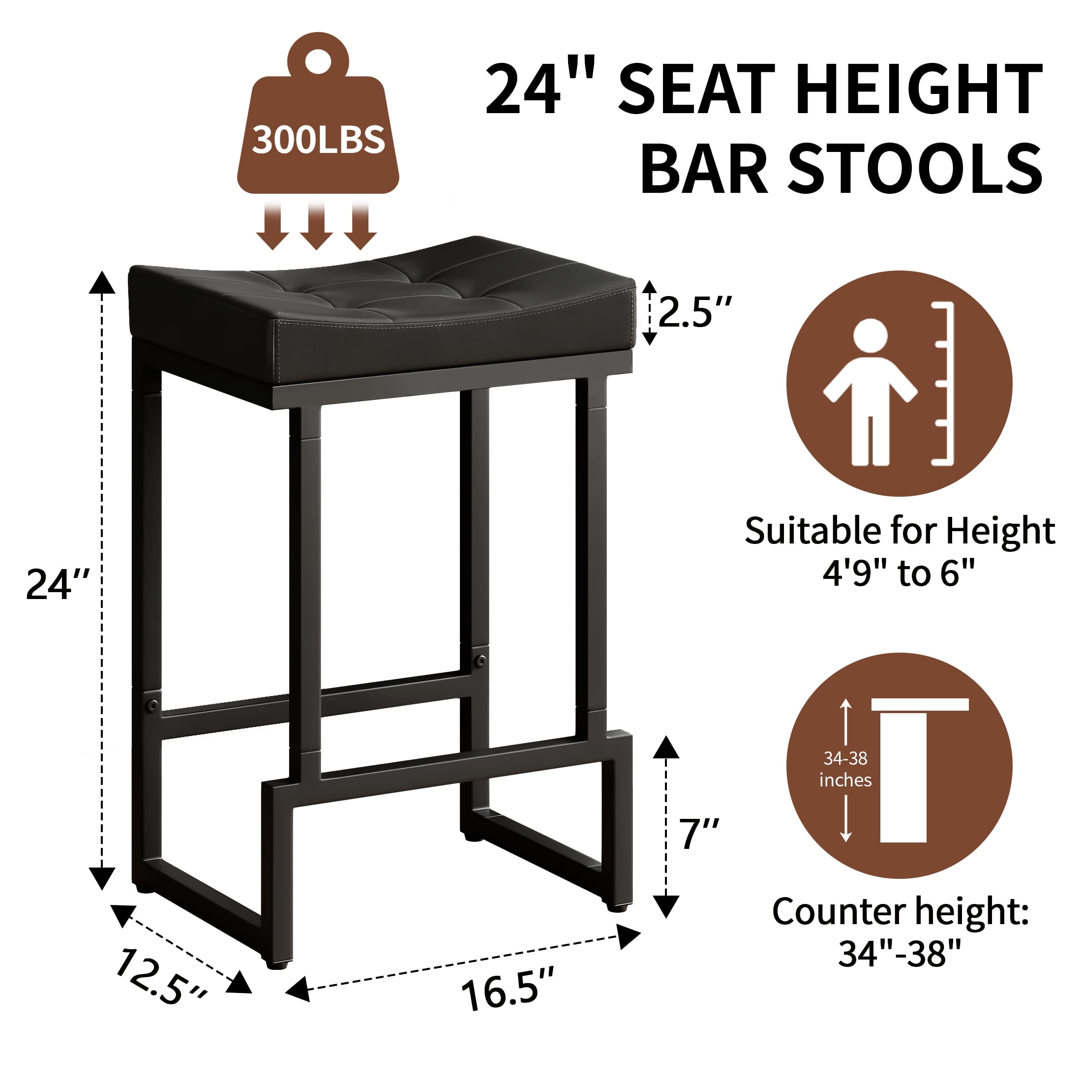 FIRAVOE Bar Stools Set of 3, Backless Counter Height Bar Stools (24") Modern Faux Leather Saddle Barstools for Kitchen Island, Black