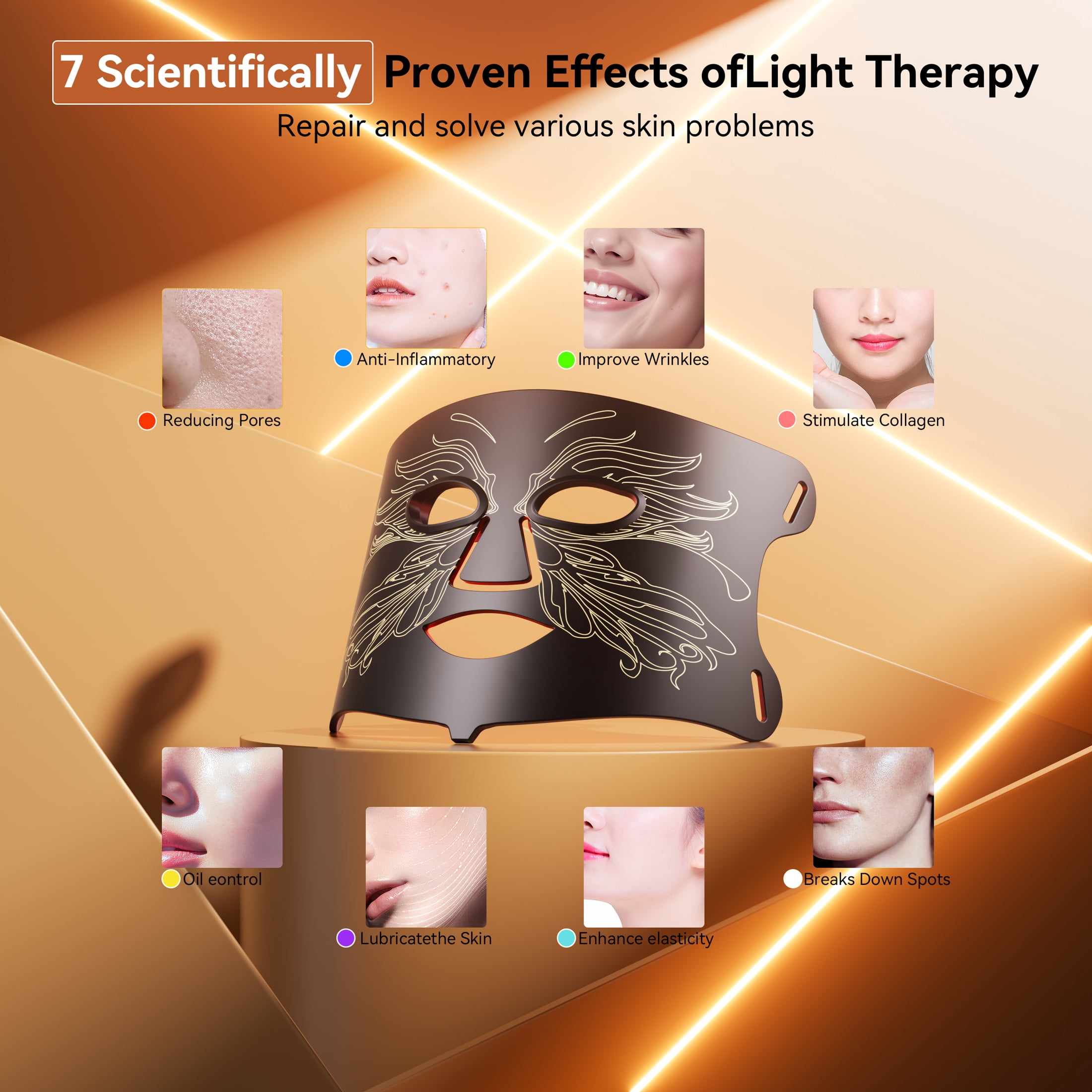 SMALLRT  Red Light Therapy for Face, 7 Modes LED Face Mask & Neck Mask Light Therapy at Home, Black