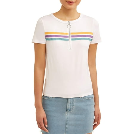 - Juniors' Retro Striped Zip Front Short Sleeve T-Shirt