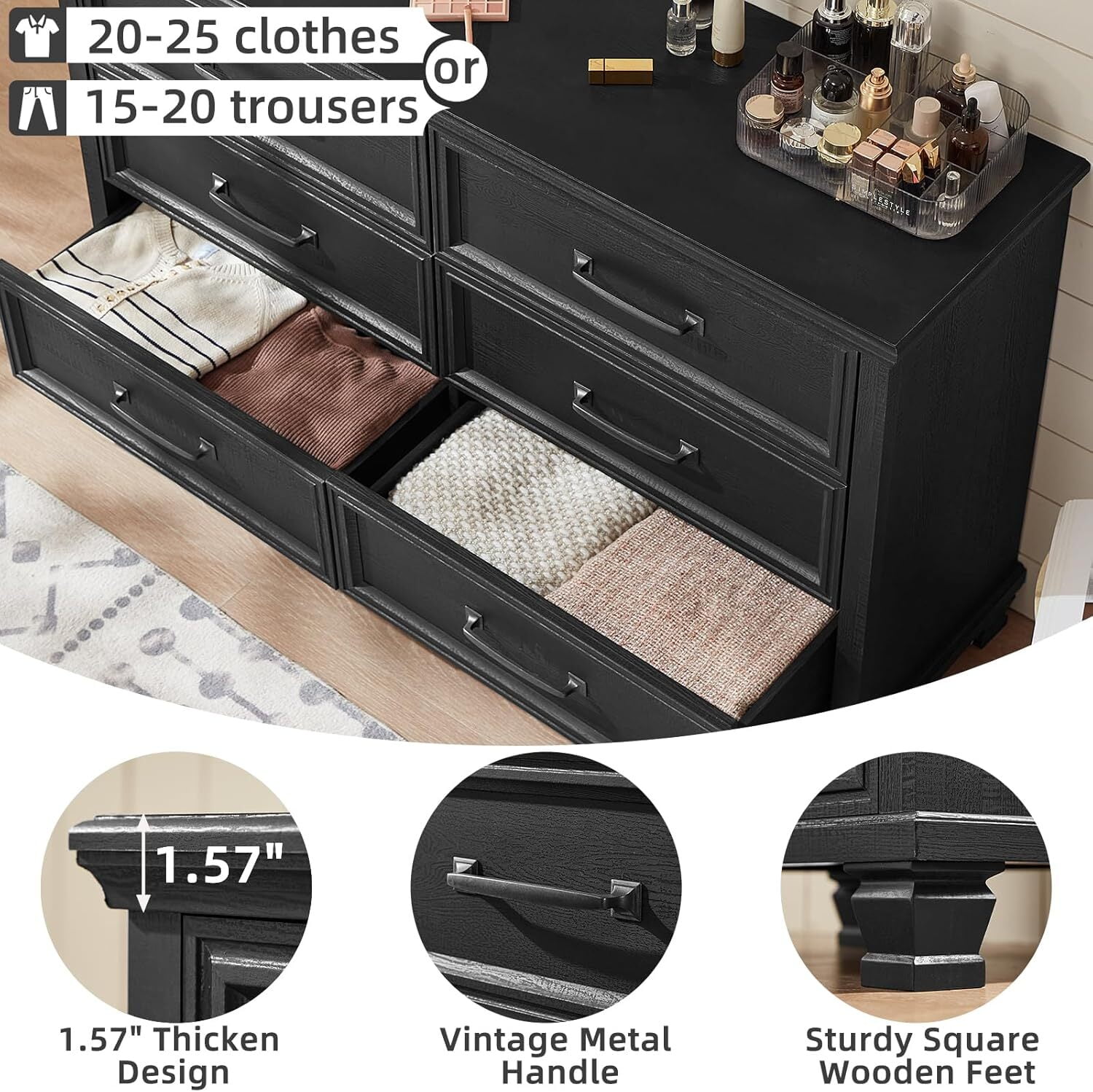 LELELINKY 6 Drawer Dresser for Bedroom, Chest of Drawers Wood Storage Cabinet for Living Room, Black