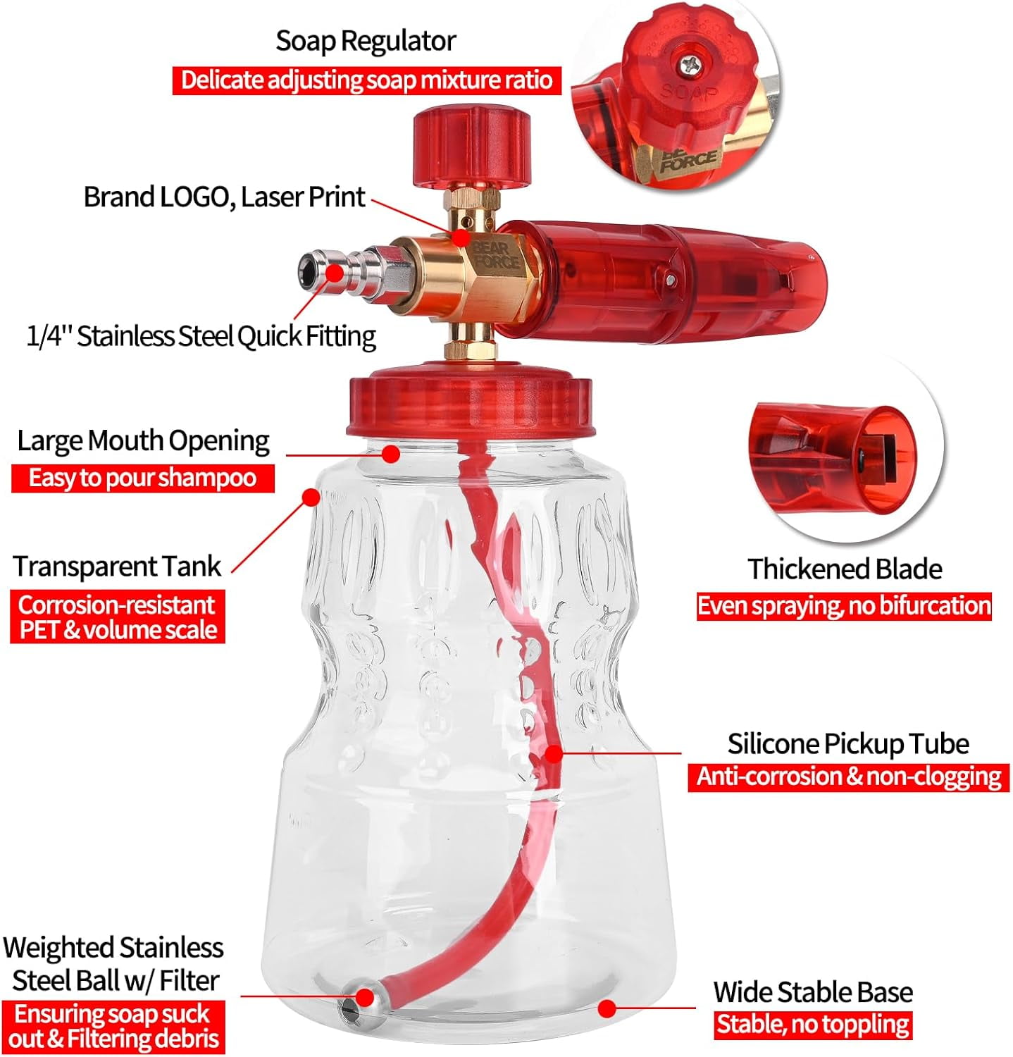 Bear Force Brass Foam Cannon for Pressure Washer with 1/4" Quick Connect, 360° Adjustable Snow Foam Sprayer, 1.25mm & 1.10mm Orifice Nozzle, 32 oz Bottle for Car Wash