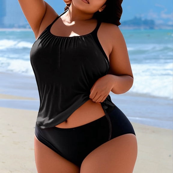 LIBRCLO Womens Plus Size Tankini Swimsuits Fashion Solid Color Swimsuits With Chest Cushion And No Steel Support Loose Drawstring Split Summer Bathing Suits