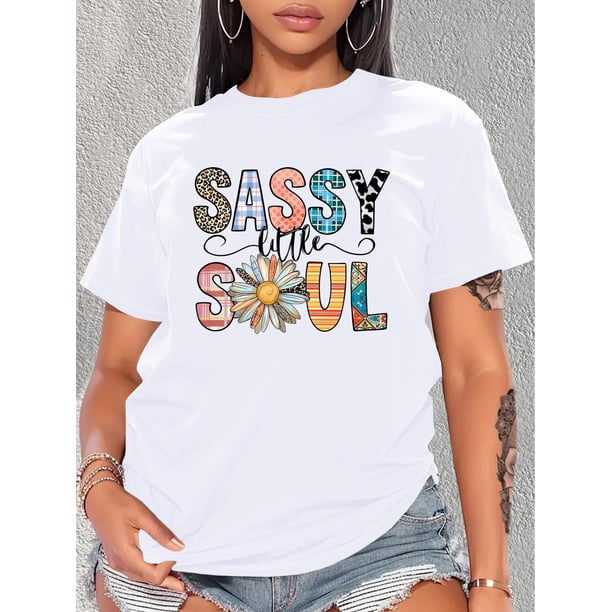 Camisetas para mujer, de verano, casual, manga corta, cuello redondo, con estampado, color blanco negro, blusaStylish "Sassy Little Soul" Leopard & Floral Print Women's T-Shirt - Casual Round Neck,