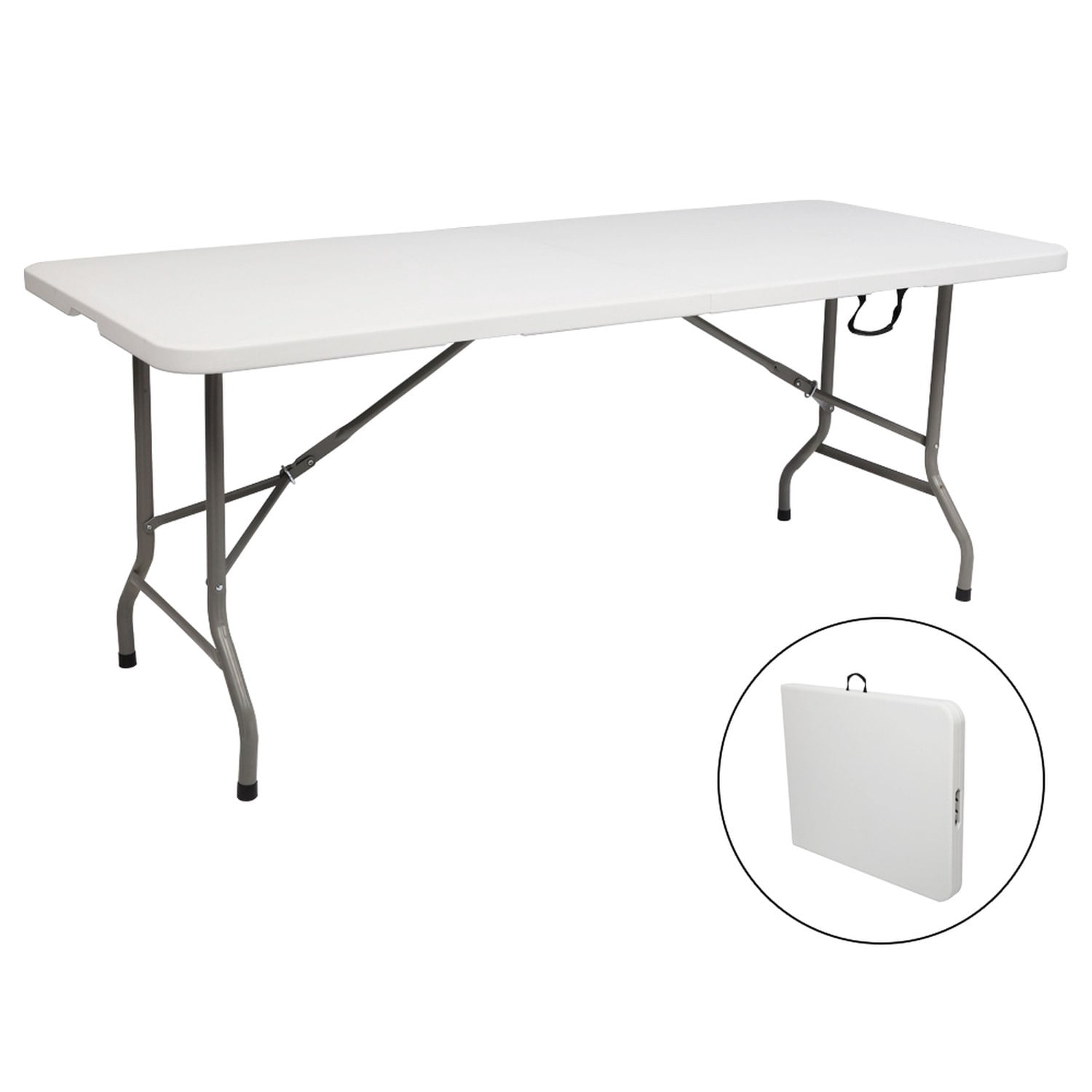 6 ft Foldable Long Table, White Top, Gray Plastic Pipe