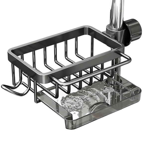 Kitchen Sink Faucet Organizer with Towel Bar, Stainless Steel Dish Sponge Holder, Adjustable Over Faucet Kitchen Sink Caddy Organizer, 10.2 x 6.7 x 5.2 in / 26 x 17 x 13.3 cm, Grey