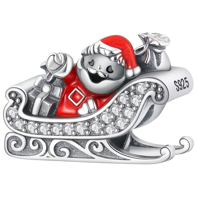 Charm Papá Noel trineo XmasClaus02 1Pza Plata S925 Chapa Separador Fijo Santa con Trineo Plata/Rojo Caja Blanca 3x3cm.