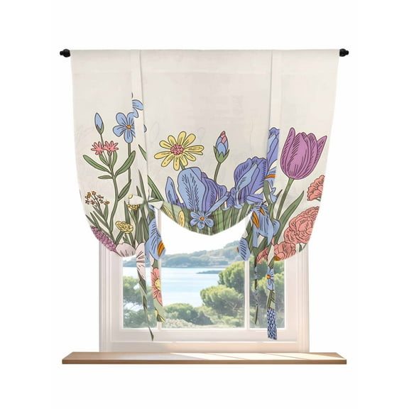 Farmhouse Flowers Tie Up Curtains for Windows 45 Inch Length Balloon Curtains Kitchen Adjustable Balloon Window Shade Botanical Watercolor Wildflowers Herbs Tie Up Bathroom Curtain Window 34"x45"