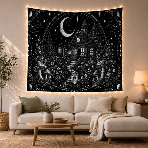 Black and White Crescent Moon Cottage in Enchanted Forest, Mystical Gothic for Fantasy Lovers, Monochrome Fairy Tale Art, Halloween Gift Tapestry Wall Hanging for Bedroom and Living Room