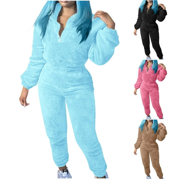 Miluxas Womens Fall Lounge Sets 2 Piece Outfits Winter Pajamas Set Cropped Quarter Zip Sweatshirts Jogger Pant Set Sky Blue XL(XL)