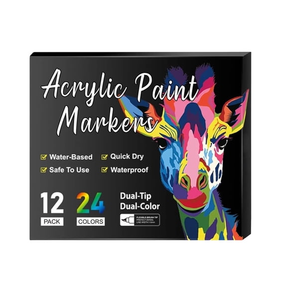 Acrylic Paint Markers Set, 12 Pack 24 Dual-Tip Colors, Water-Based, Quick Dry, Waterproof, Safe for All Ages, Ideal for Rock, Glass, Wood, Canvas, Ceramic, and DIY Craft Projects