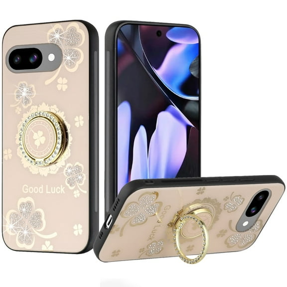For Google Pixel 9A SPLENDID Diamond Glitter Ornaments Engraving Case Cover - Good Luck Floral Gold