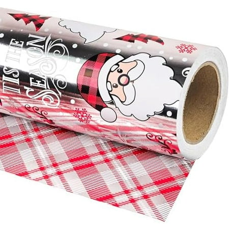 Reversible Christmas Wrapping Paper Roll - Silver Metallic Foil Gift Wrap with Buffalo Plaid Santa for Holiday Winter (Red & Black Santa Claus, 30 Inch X 100 Feet)$$