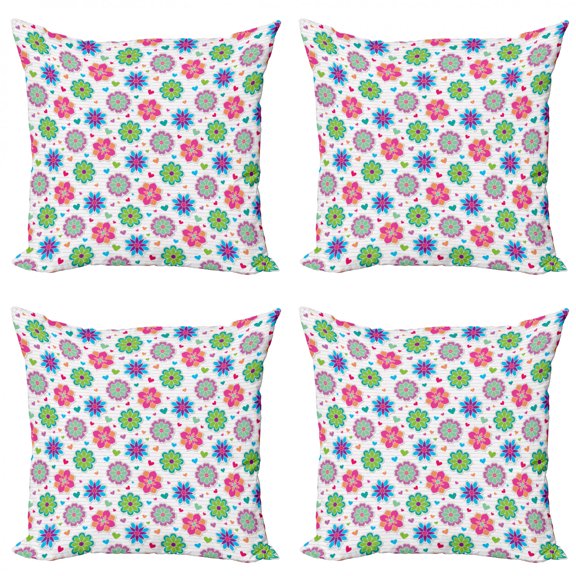 Ambesonne Retro Throw Pillow Cover 4 Pack, Chamomiles and Hearts, 20", Multicolor